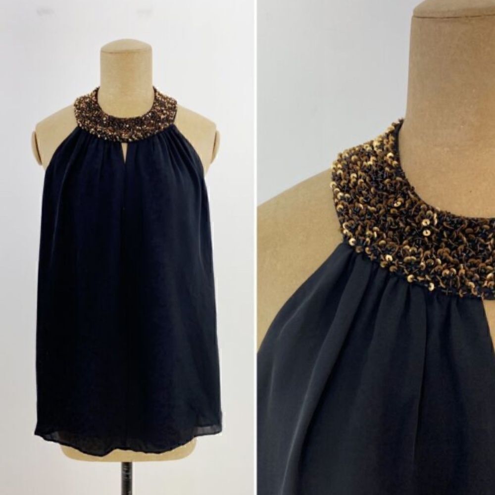 BlackโSilk Blouse Top - Sequin Neck - Size 6 - Backless Beautiful Top - WornโOnc